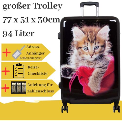 großer Hartschalentrolley mit Katze schwarz, 94 Liter