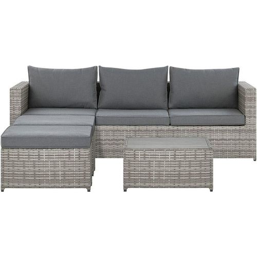 BELIANI Lounge Set Polyrattan Hellgrau 5-Sitzer Rechtsseitig mit 2 Ottomanen und Auflagen in Grau Klassisch Gartenausstattung Terrasse