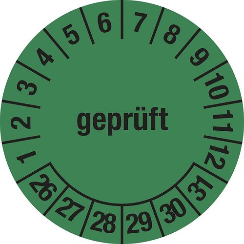 Mehrjahresplakette, geprüft, grün, Dokumentenfolie, Ø 30 mm, VE 10 Stk, 26 - 31 kaiserkraft