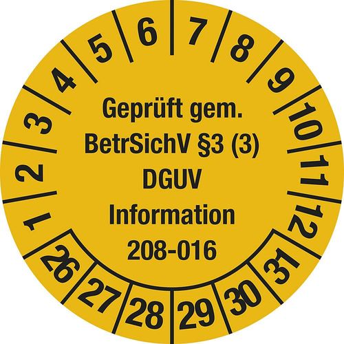 Geprüft gem. BetrSichV §3, Dokumentenfolie, Ø 30 mm, VE 10 Stk, 26 - 31, gelb kaiserkraft