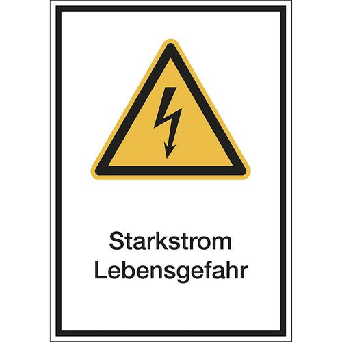 Kombischilder mit Text für Warnkennzeichen, Starkstrom Lebensgefahr, VE 10 Stk, Folie, LxH 210 x 297 mm kaiserkraft