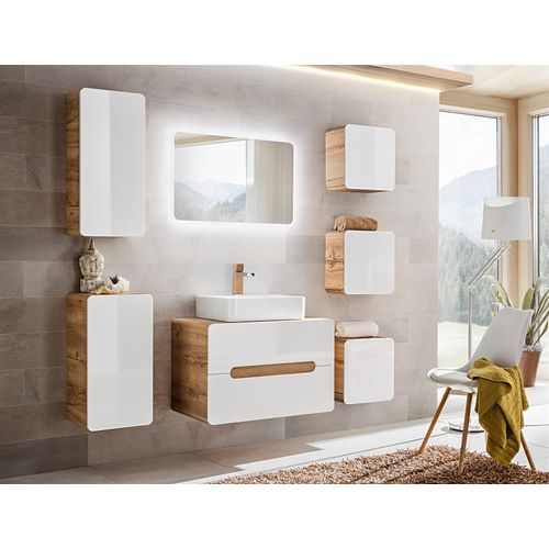 Badmöbel Set 8-tlg Badezimmerset FERMO Weiss HGL inkl. Waschtisch