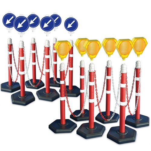 Kettenpfosten-Set, 12 Kettenständer, 22 m Kette, 6x Solar-Blinklampe mit Akku, 6x Leitschild
