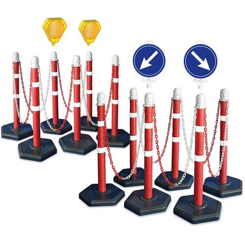 Kettenpfosten-Set, 12 Kettenständer, 22 m Kette, 2x Solar-Blinklampe mit Akku, 1x Leitschild