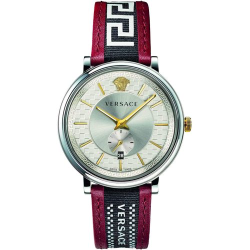 Versace VEBQ01319 V-Circle Greca Edition silber schwarz rot Leder Herren Uhr NEU