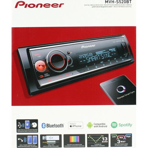 Pioneer MVH-S520BT, 1DIN Autoradio mit RDS, RGB-Beleuchtung, halbe Einbautiefe, deutsche Menüführung, Bluetooth, USB, iPod/iPhone-Direktsteuerung, Freisprecheinrichtung, Smart Sync