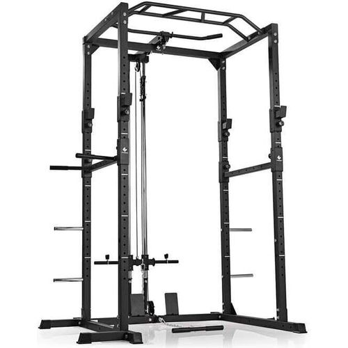 FitEngine Power Rack Power Cage mit Latzug Kabelzug Dip-Station + Klimmzugstange Variabel einstellbare Spotter Langhantel Fitnessstation Multigym