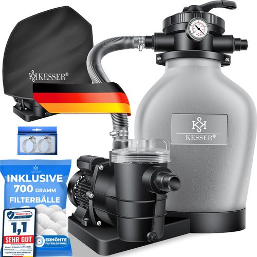 KESSER® Sandfilteranlage Sandfilter + 700g Filterbälle ersetzen 25kg Filtersand 7-Wege Ventil mit Druckanzeige Poolfilter 10 m³/h Filteranlage Filterkessel für Pool Schwimmbecken 10.200 L/h