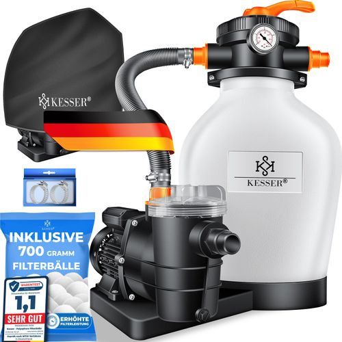 KESSER® Sandfilteranlage Sandfilter + 700g Filterbälle ersetzen 25kg Filtersand 7-Wege Ventil mit Druckanzeige Poolfilter 10 m³/h Filteranlage Filterkessel für Pool Schwimmbecken 10.200 L/h