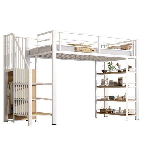 Hochbett(Weiß,90*200)mit Sicherheitstreppe, Stauraum und kleinem Kleiderschrank, Einlegeböden, hohes Zaundesign, Einzelbett, Jugendbett