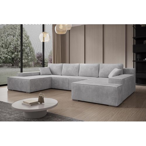 Couch U-Form mit Schlaffunktion, POSO-Stoff Cordstoff, Hellgrau LIMO