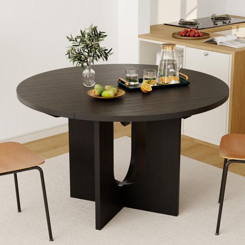 Runder Esstisch mit Klappbaren Platten, Küchentisch mit U-förmigem Untergestell, Schwarz, MDF, Ø120×75 cm