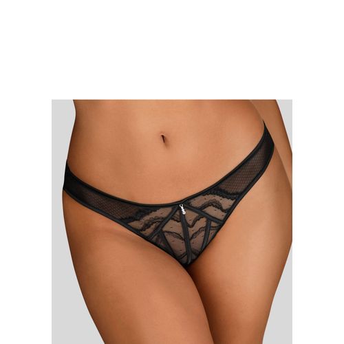 Tanga LASCANA, Damen, Gr. 40/42, schwarz, Spitze, Obermaterial: 49% Polyamid, 36% Polyester, 15% Elasthan, Unterhosen, mit dekorativen Satinbändern, transparente Unterwäsche, Reizwäsche