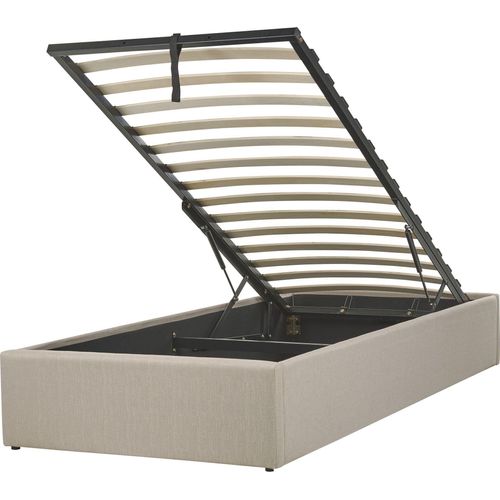 BELIANI Polsterbett Hellbraun Stoffbezug mit Lattenrost 90 x 200 cm Hochklappbar Bettkasten Skandi Modern Einzelbett Schlafzimmer Ausstattung