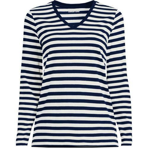 Supima® Langarm-Shirt mit V-Ausschnitt, Damen,  Blau, Baumwolle, by Lands' End