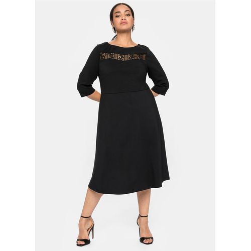 Abendkleid SHEEGO "Abendkleid", Damen, Gr. 58, Normalgrößen, schwarz, 60% Viskose, 35% Polyamid, 5% Elasthan, unifarben, wadenlang, U-Boot-Ausschnitt, Kleider Abendkleid