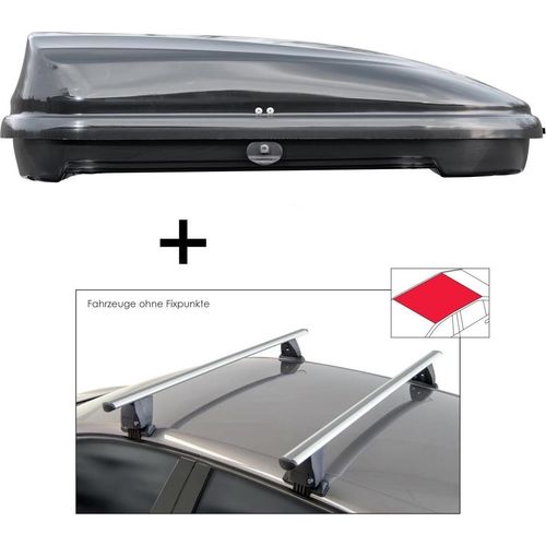 Dachbox VDPFL320 320 Liter schwarz glänzend + Dachträger VDP Delta kompatibel mit für Kia Rio (YB) Hatchback (5 Türer) ab 2017