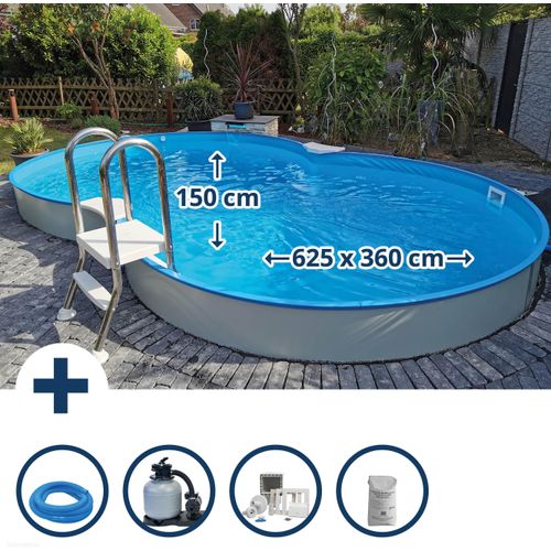 Stahlwandpool Set achtform Cannes 625x360x150cm, Stahl 0,8mm weiß, Folie 0,6mm blau, Einhängebiese