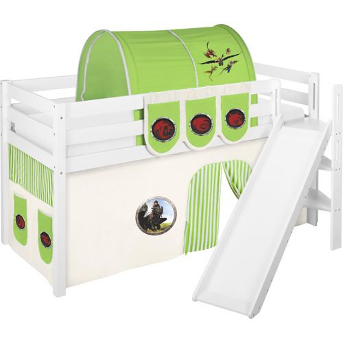 Spielbett JELLE 90 x 200 cm Dragons Grün - Hochbett LILOKIDS - Weiß - mit schräger Rutsche und Vorhang
