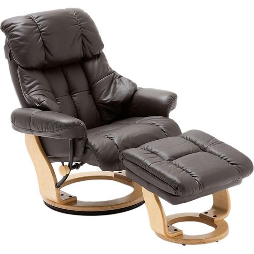 Relaxsessel ></noscript>Carl I< mit Hocker, bis 130 kg belastbar, drehbarer Fernsehsessel mit Liegefunktion, Echtleder braun, Gestell Holz natur
