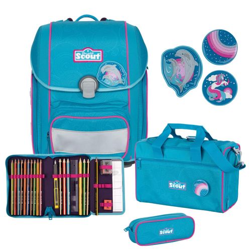 Scout Schulranzen Genius Set 4-teilig Dolphins blau pink