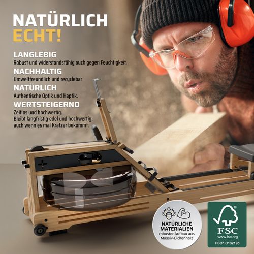 SportPlus I Holz-Wasser-Rudergerät I für zuhause, aus Natur-Massivholz, Rudermaschine, Rudergerät Wasser, Rudergerät Holz, mit Trainingscomputer, SP-WR-1800