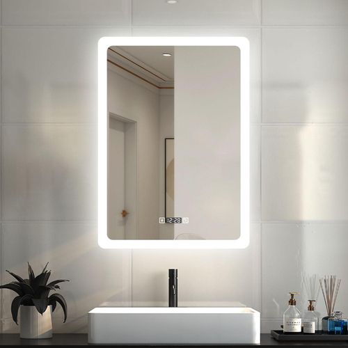 LED Badspiegel 60×80cm Wandspiegel mit Uhr, Touch, Beschlagfrei Badezimmerspiegel mit Beleuchtung Lichtspiegel IP44 Kaltweiß energiesparend