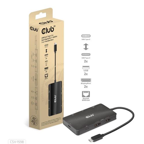 Club 3D USB Gen2 Type-C to Dual DisplayPort 4k60Hz 7-in-1 HUB - USB 3.2 Gen 2 (3.1 Gen 2) Type-C - 100 W - 1.4/2.2 - 10,100,1000 Mbit/s - Schwarz - 4K Ultra HD