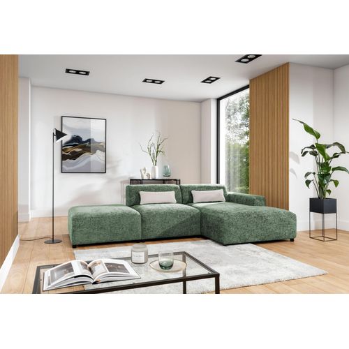 Ecksofa Designersofa ROMY in Stoff Enjoy Me Olivgrün Ottomane Rechts