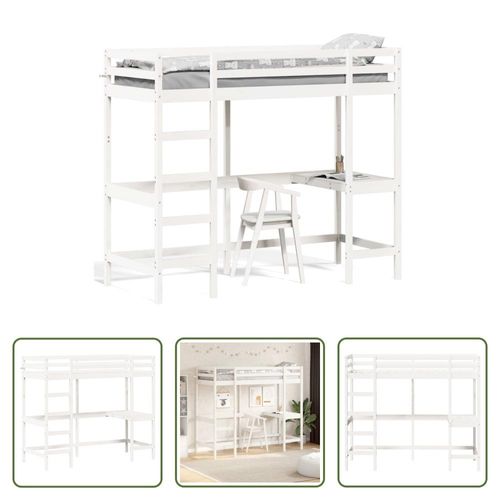 The Living Store Hochbett mit Schreibtisch Weiß 80x200 cm Massivholz Kiefer