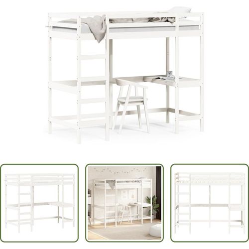 The Living Store Hochbett mit Schreibtisch Weiß 100x200 cm Massivholz Kiefer