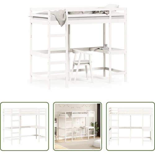 The Living Store Hochbett mit Schreibtisch Weiß 90x200 cm Massivholz Kiefer