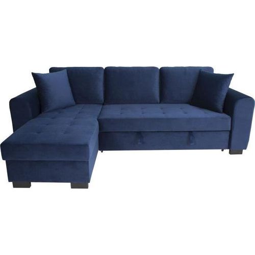 HAMILTON 4-Sitzer-Ecksofa - Blauer Samtstoff - L 245 x T 140 x H 86 - Aufbewahrungstruhe