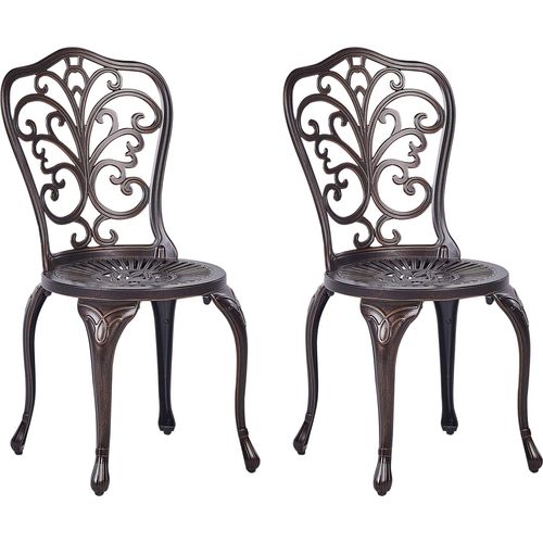 BELIANI Gartenstuhl 2er Set Braun Aluminium Verschnörkelt Französischer Vintage Stil Antik-Optik Outdoor Balkon Terrasse Garten Ausstattung Metallstuhl