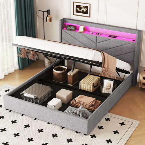 AIORBER Polsterbett, 160 x 200 cm, Ambientebeleuchtung mit LED, mit USB, hydraulische Hebevorrichtung, Leinen, Stereoanlage Design,Grau(ohne Matratze)