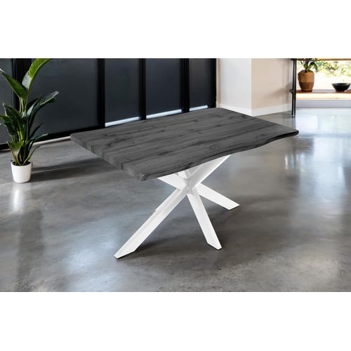Esstisch 140x80 cm Baumkante Holz Grau-Optik Spider-Gestell Metall weiß JOSY