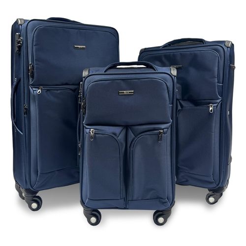 Set mit 3 Trolleys, Rorik Explorer, Textil, 20/24/28 Zoll, 42/68/106 L, Zahlenschloss, 360° Rollen, Teleskopgriff, Blau, Größe S/M/L