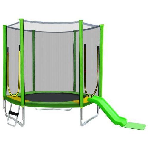 Kinder Trampolin Outdoor Gruen 296x213x204 cm Gartentrampolin Rutsche Leiter Netz Doppeltuer Gepolsterten Stangen Bis 100 kg Trampolin Leiter Rutsche
