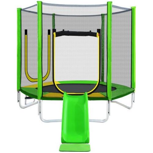 Kinder Trampolin Outdoor 296x213x204 cm Gruen Gartentrampolin Rutsche Leiter Netz Doppeltuer Gepolsterten Stangen Bis 100 kg Trampolin Leiter Rutsche