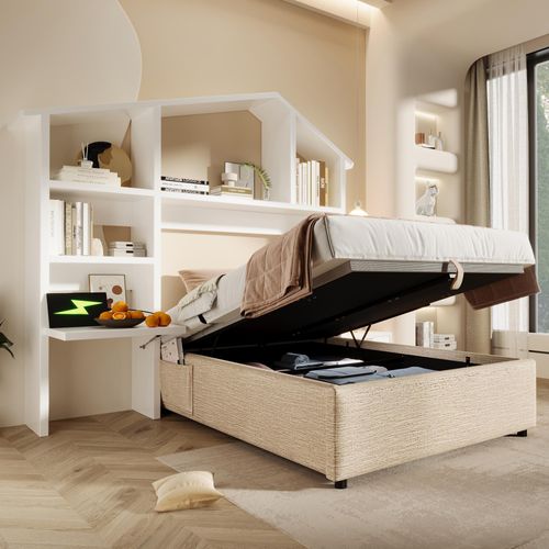 Kinder-Polsterbett 90x190 cm mit Weißes Bücherregal, Hydraulik-Stauraum und USB-C, Einzelbett in Naturfarbe mit Lattenrost, Leinen, ohne Matratze.