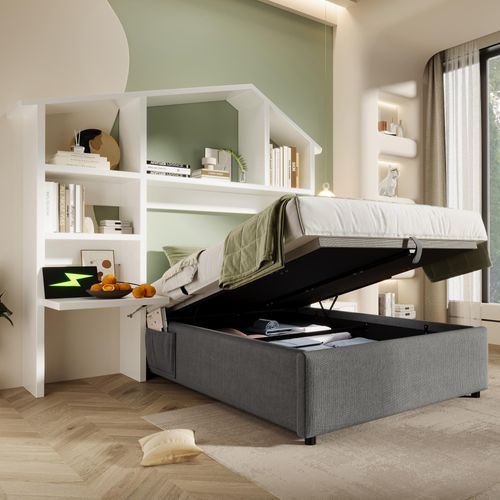 Kinder-Polsterbett 90 x 200 cm mit Weißes Bücherregal, Hydraulik-Stauraum und USB-C, Einzelbett in Grau mit Lattenrost, Leinen, ohne Matratze.