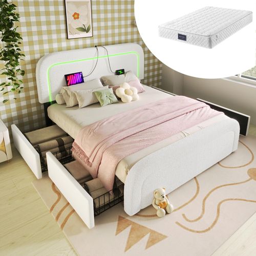 Bettgestell mit USB Typ C Ladefunktion LED-Beleuchtung und 4 Schubladen, Doppelbett Polsterbett 160x200cm, Höhenverstellbarem Kopfteil, Lattenrost aus Holz, Sherp-Weiß (Mit Matratze)