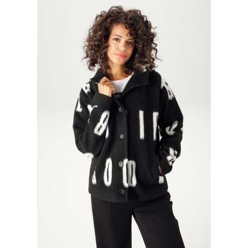 Fleecejacke ANISTON CASUAL, Damen, Gr. 34, schwarz, weiß, Fleece, Obermaterial: 100% Polyester. Futter: 100% Polyester, gemustert, lässig geschnitten hüftlang, Jacken, mit großflächigem 