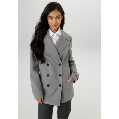 Cabanjacke ANISTON SELECTED, Damen, Gr. 44, grau (grau, melange), Web, Obermaterial: 85% Polyester, 15% Viskose. Futter: 100% Polyester, unifarben, klassisch, lässig geschnitten Po-bedeckend, Langarm, Jacken, mit breitem Reverskragen - NEUE KOLLEKTION
