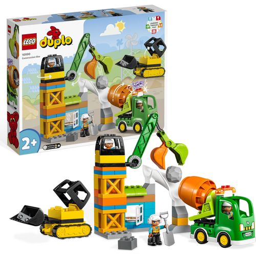 LEGO 10990 DUPLO Baustelle mit Baufahrzeugen, Kran, Bulldozer und Betonmischer-Spielzeug für 2-jährige Jungen und Mädchen mit großen Steinen