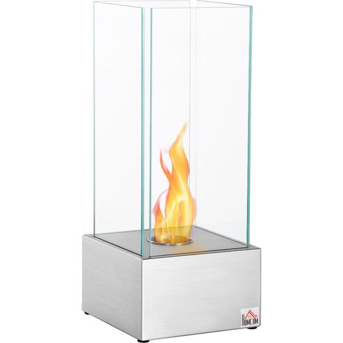 HOMCOM Ethanol-Kamin FeuerschaleEthanol-Brenner 0,4L 2 Std. Brenndauer 15m² mit Feuerlöschdeckel Edelstahl Hartglas Silber 25 x 25 x 60 cm