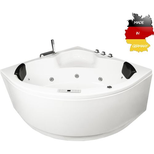 Basera CLASSIC Indoor Eck-Whirlpool Badewanne Maui 130 x 130 cm mit 21 Massagedüsen, Wasserfall, LED-Ambiente, Touchpanel, Bluetooth und Radio