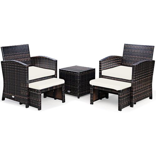 GOPLUS 5 tlg. Rattanmöbel Polyrattan mit Kissen Gartenmöbel, Lounge Set aus 1 Tisch & 2 Stühlen & 2 Ottomanen, mit Abnehmbarem & Waschbarem Bezug(Beige)