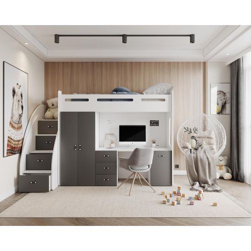 Hochbett , Etagenbett ZU PL mit Matratze, Schreibtisch, Kleiderschrank. Farbe Weiß/Grau. Treppe beide seitig montierbar