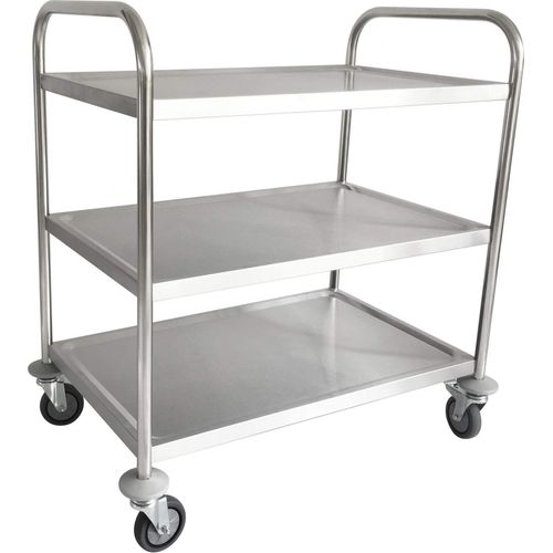 STIER Edelstahl-Servierwagen, 4 Lenkrollen, 810x460x900 mm, Tragfähigkeit bis 150 kg, Edelstahl, 3 Böden, Küchenwagen, Servicewagen besonders robust und hochwertig